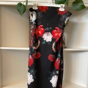 Strapless midi dress — black with red florals